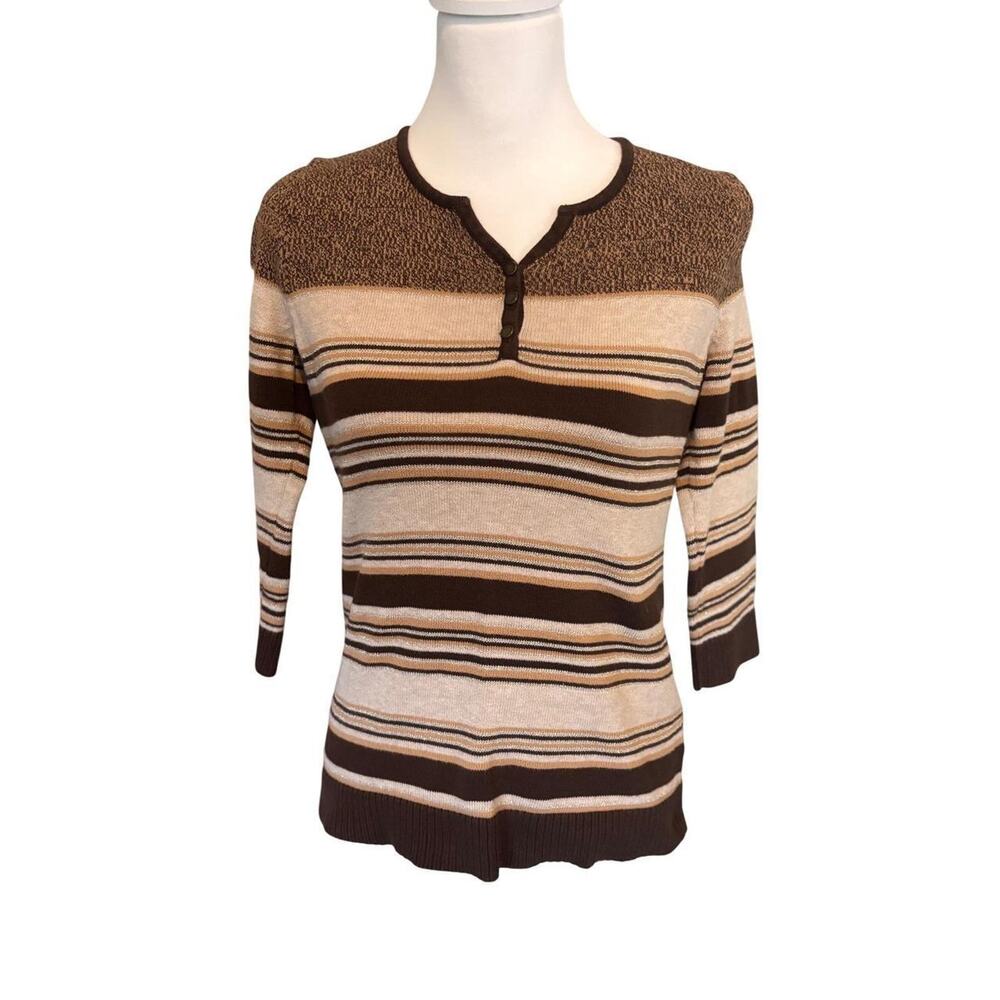 Liz Claiborne Striped Henley Knit Top Brown Metallic 3/4 Sleeve 90s Academia S